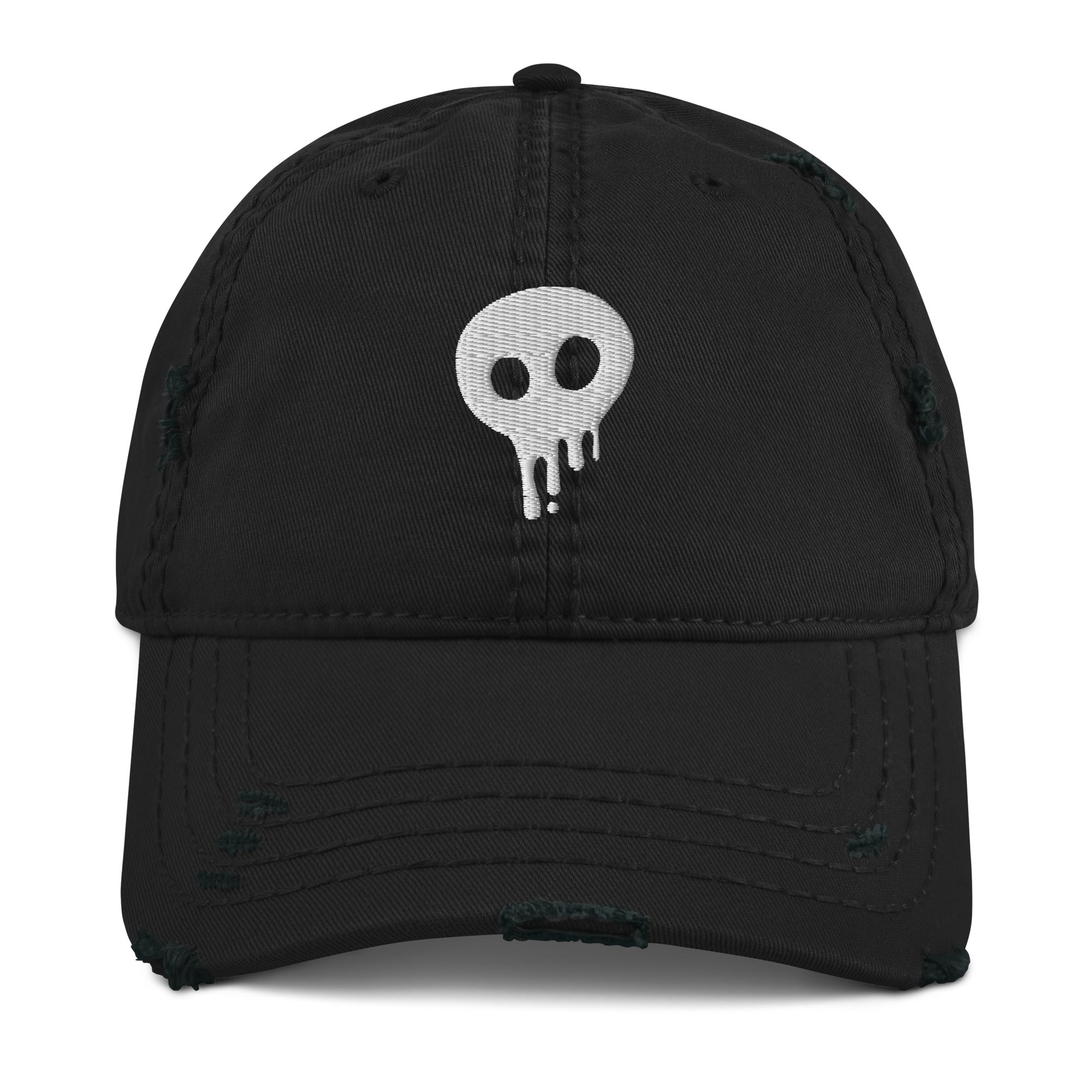 Distressed dad hat with skull logo, vintage streetwear cap