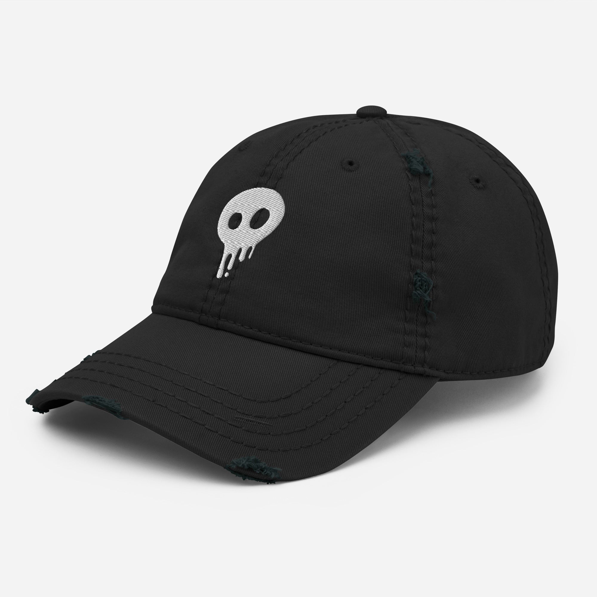 Distressed dad hat with skull logo, vintage streetwear cap