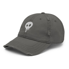 Distressed dad hat with skull logo, vintage streetwear cap