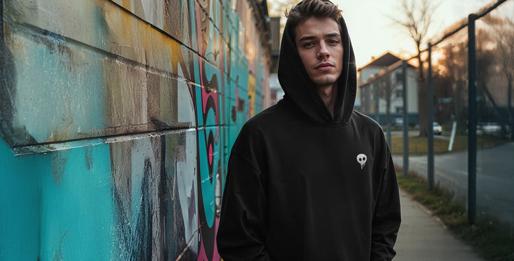 young man wearing a black hoodie with the popsikulls skull logo on a urban environment next to a colorful graffiti, streetwear, fashion