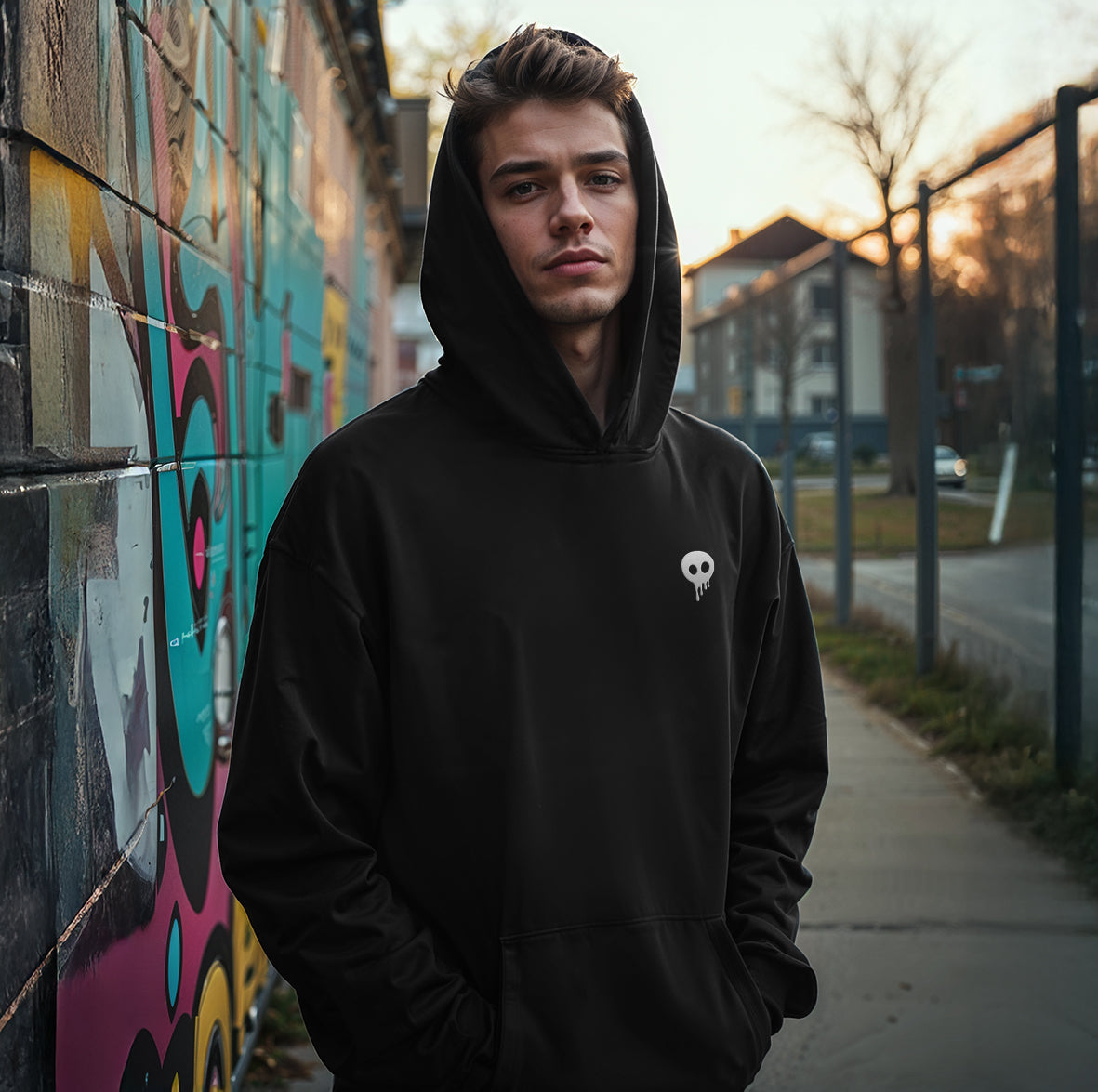 young man wearing a black hoodie with the popsikulls design logo skull on a urban environment next to a colorful graffiti, streetwear, fashion, anime, style